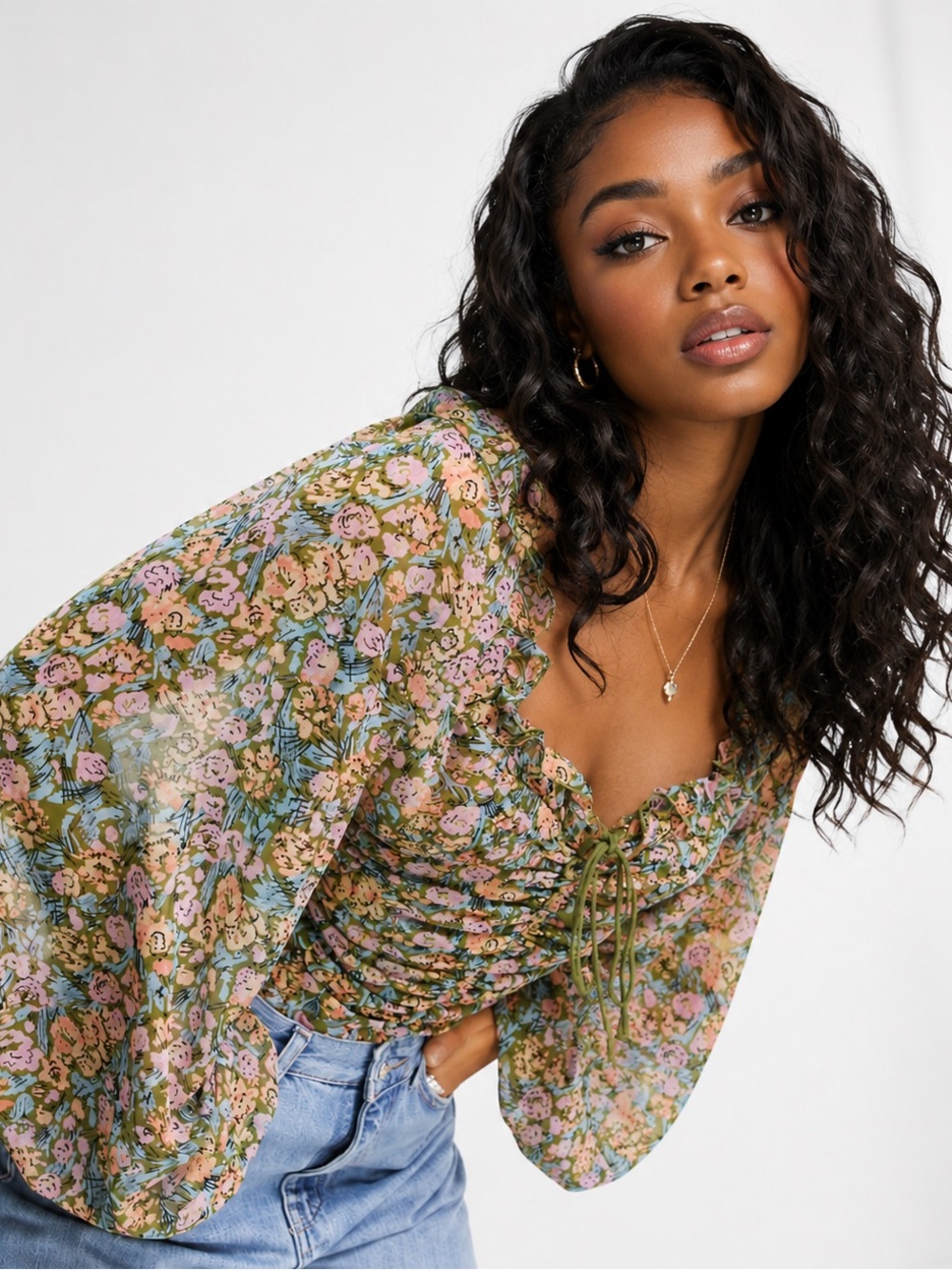 Free People Olive Green Floral Ruffle Ruched Crop Blouse
